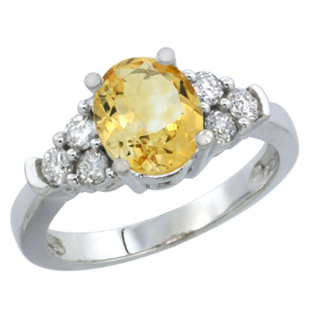 14K White Gold Natural Citrine Ring Oval 9x7mm Diamond Accent, sizes 5-10