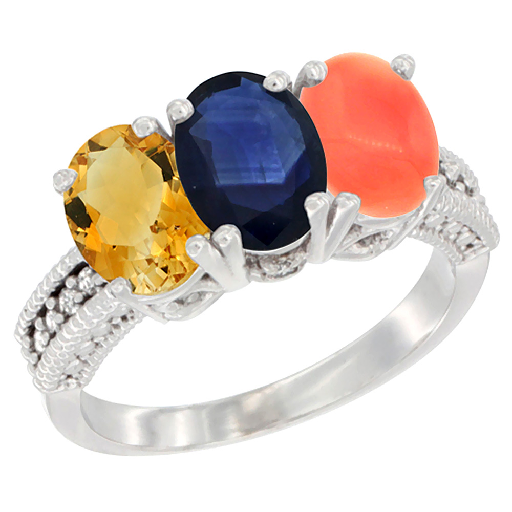 14K White Gold Natural Citrine, Blue Sapphire &amp; Coral Ring 3-Stone 7x5 mm Oval Diamond Accent, sizes 5 - 10