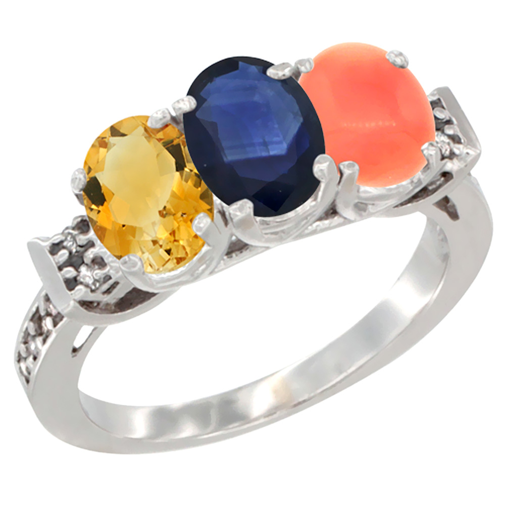 14K White Gold Natural Citrine, Blue Sapphire & Coral Ring 3-Stone 7x5 mm Oval Diamond Accent, sizes 5 - 10