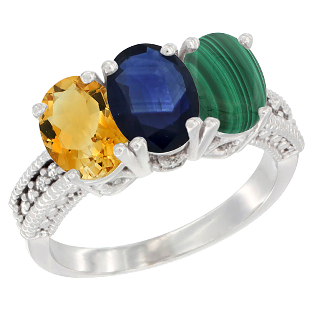 10K White Gold Natural Citrine, Blue Sapphire &amp; Malachite Ring 3-Stone Oval 7x5 mm Diamond Accent, sizes 5 - 10