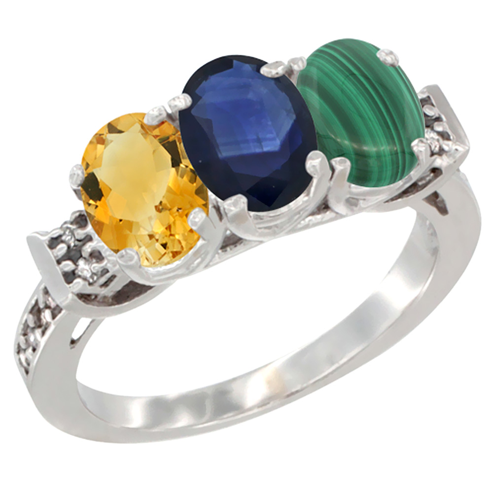 10K White Gold Natural Citrine, Blue Sapphire & Malachite Ring 3-Stone Oval 7x5 mm Diamond Accent, sizes 5 - 10