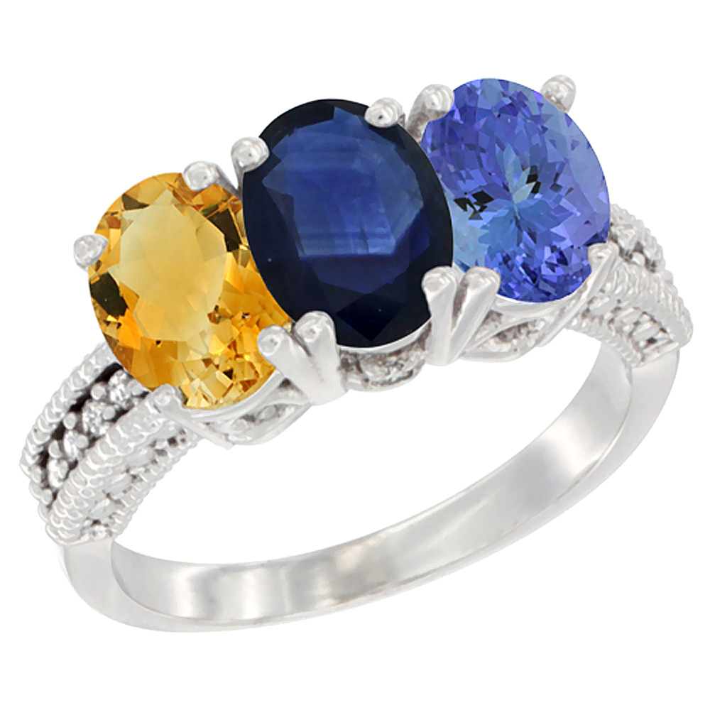 14K White Gold Natural Citrine, Blue Sapphire &amp; Tanzanite Ring 3-Stone 7x5 mm Oval Diamond Accent, sizes 5 - 10