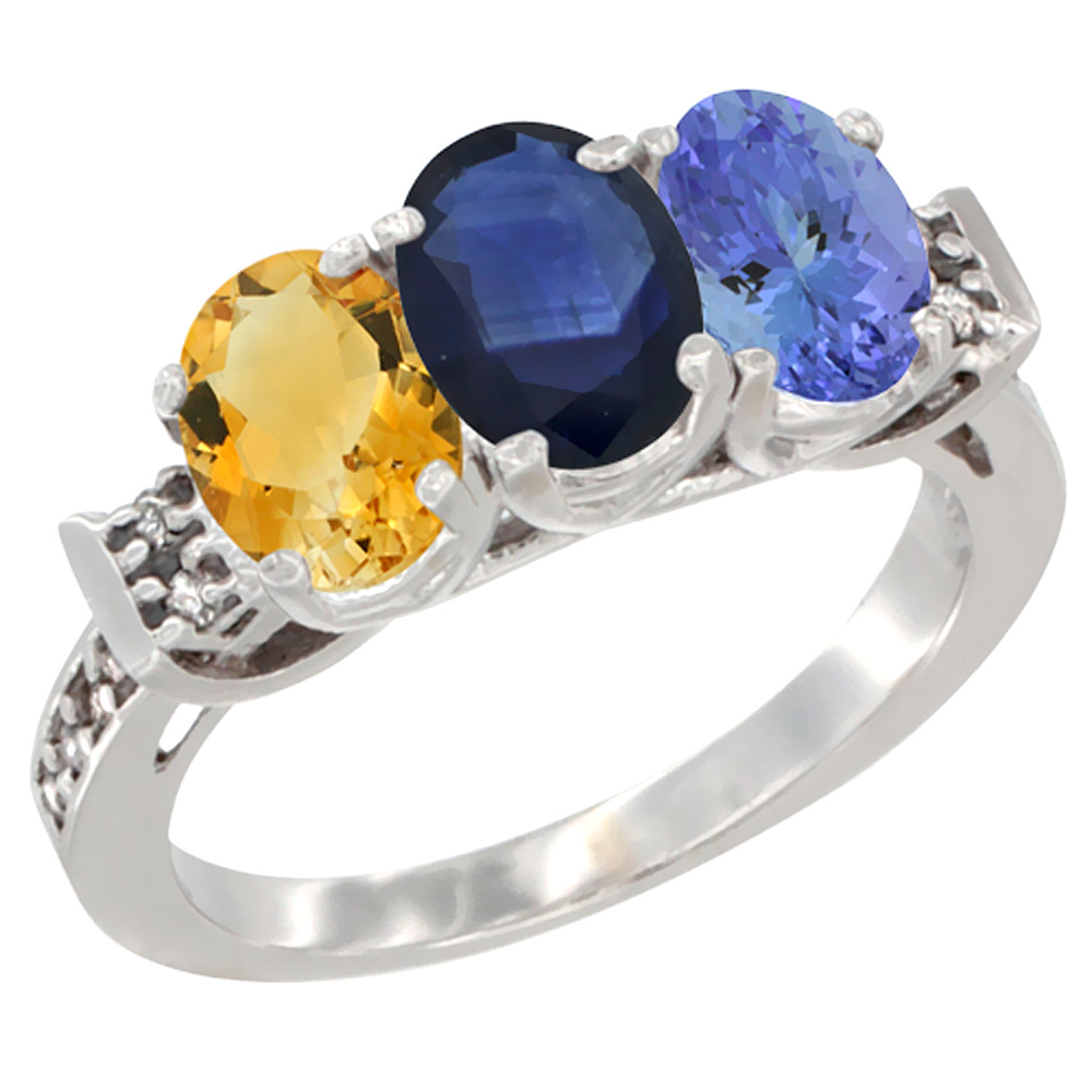 10K White Gold Natural Citrine, Blue Sapphire & Tanzanite Ring 3-Stone Oval 7x5 mm Diamond Accent, sizes 5 - 10