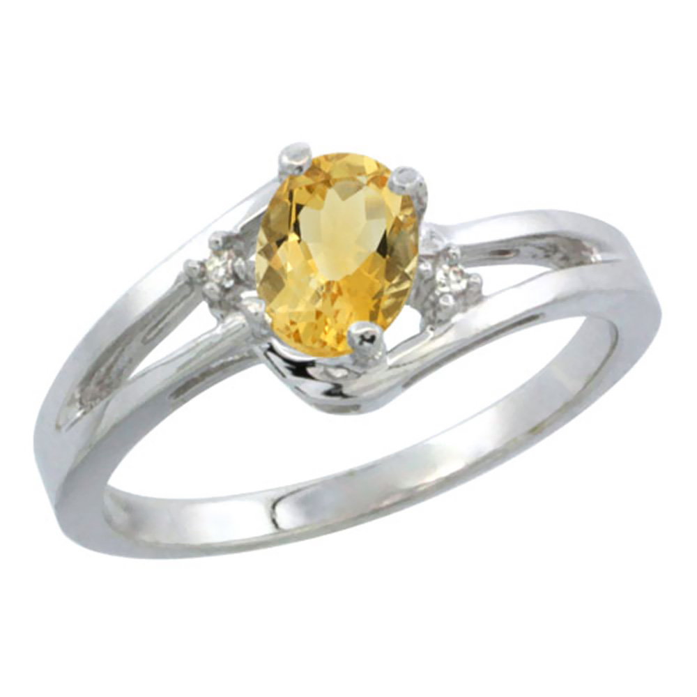 14K White Gold Diamond Natural Citrine Ring Oval 6x4 mm, sizes 5-10