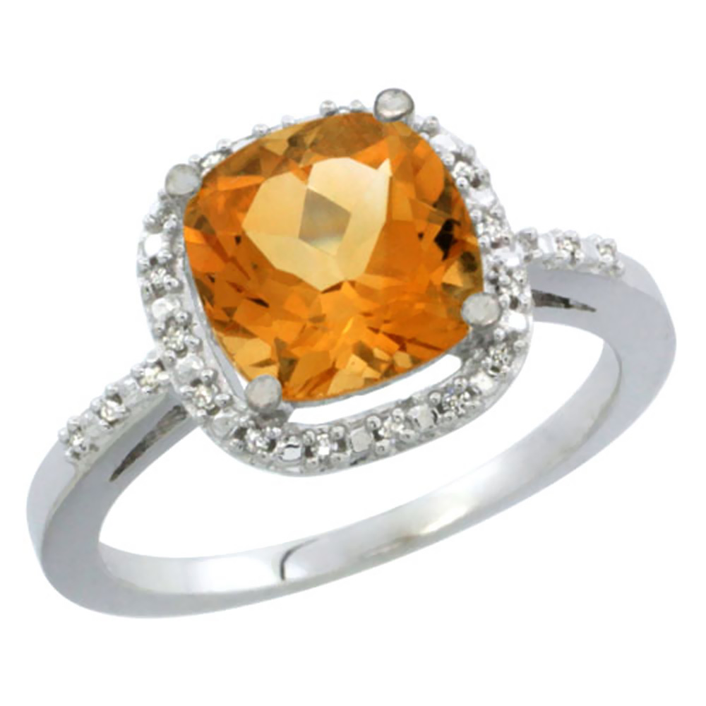 14K White Gold Natural Citrine Ring Cushion-cut 8x8mm Diamond Accent, sizes 5-10