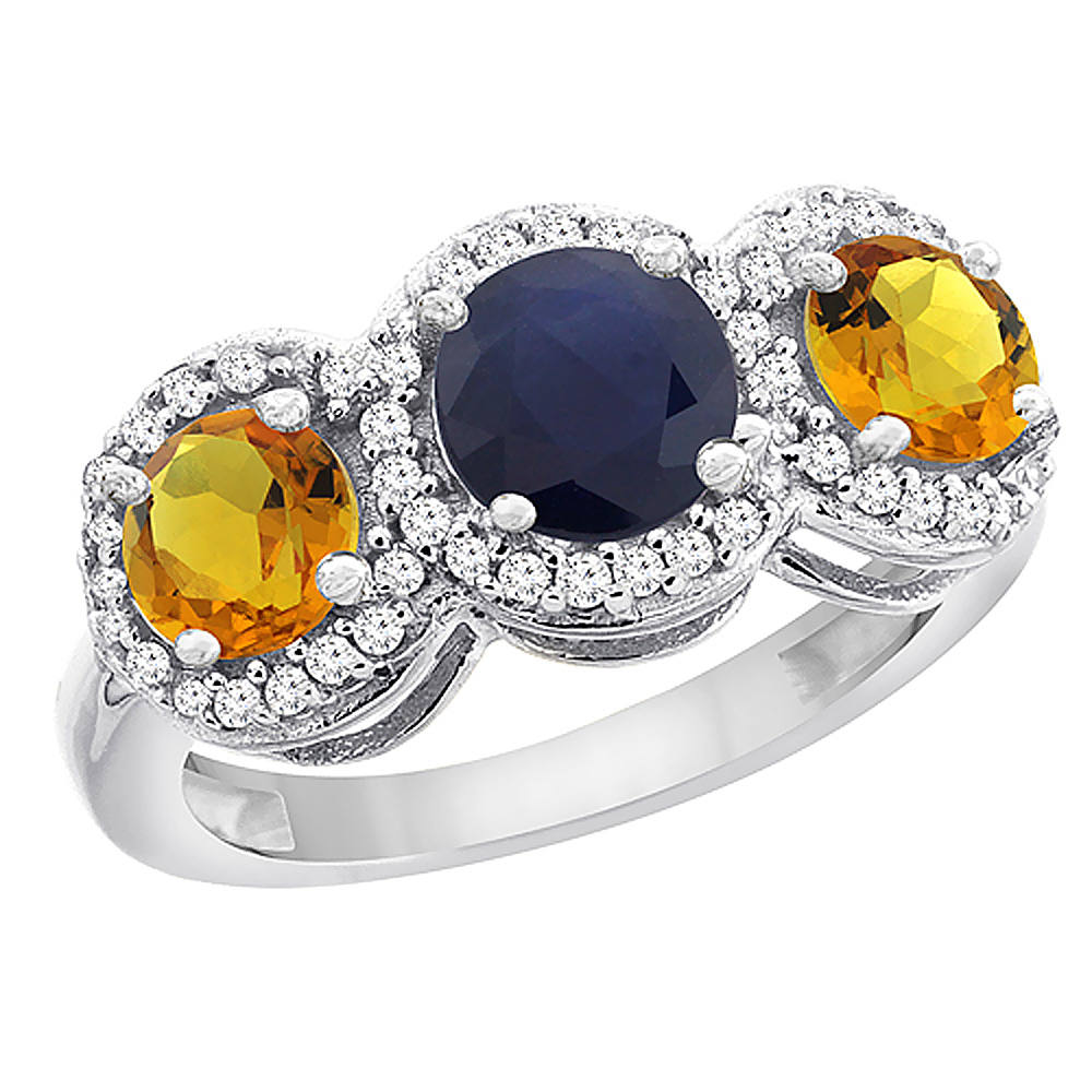 14K White Gold Natural High Quality Blue Sapphire & Citrine Sides Round 3-stone Ring Diamond Accents, sizes 5 - 10