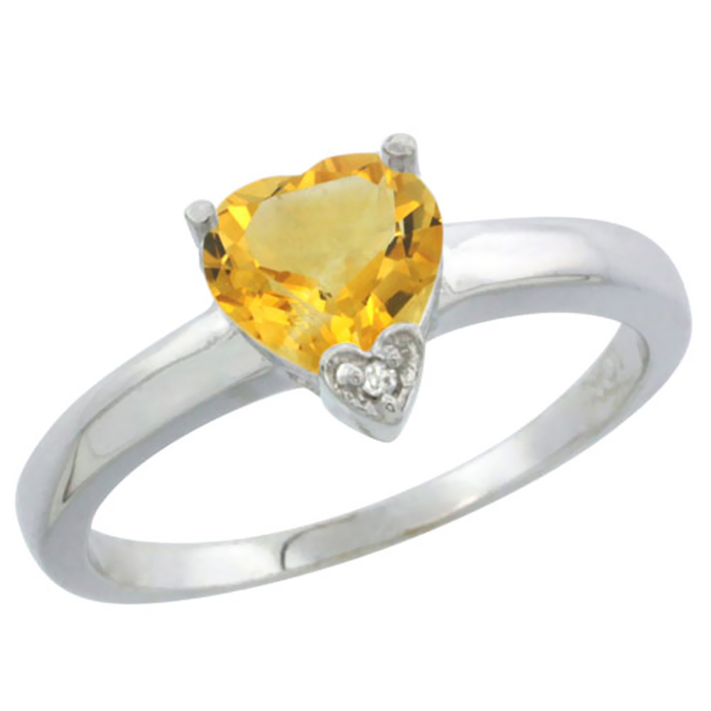 14K White Gold Natural Citrine Heart 7x7mm Diamond Accent, sizes 5-10