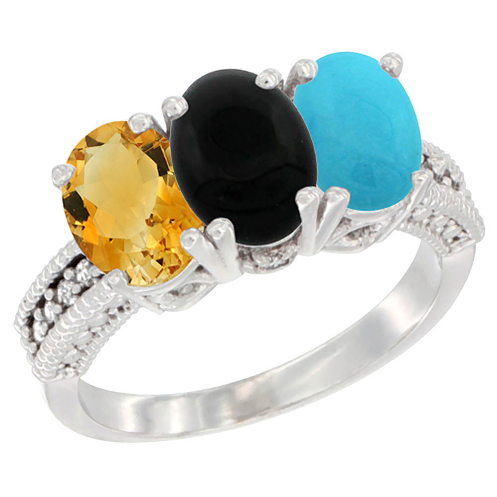 10K White Gold Natural Citrine, Black Onyx & Turquoise Ring 3-Stone Oval 7x5 mm Diamond Accent, sizes 5 - 10