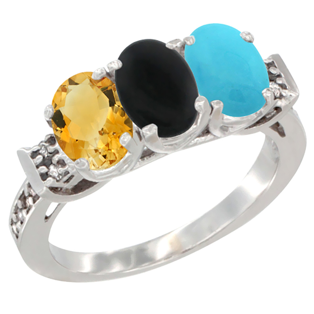 14K White Gold Natural Citrine, Black Onyx & Turquoise Ring 3-Stone 7x5 mm Oval Diamond Accent, sizes 5 - 10