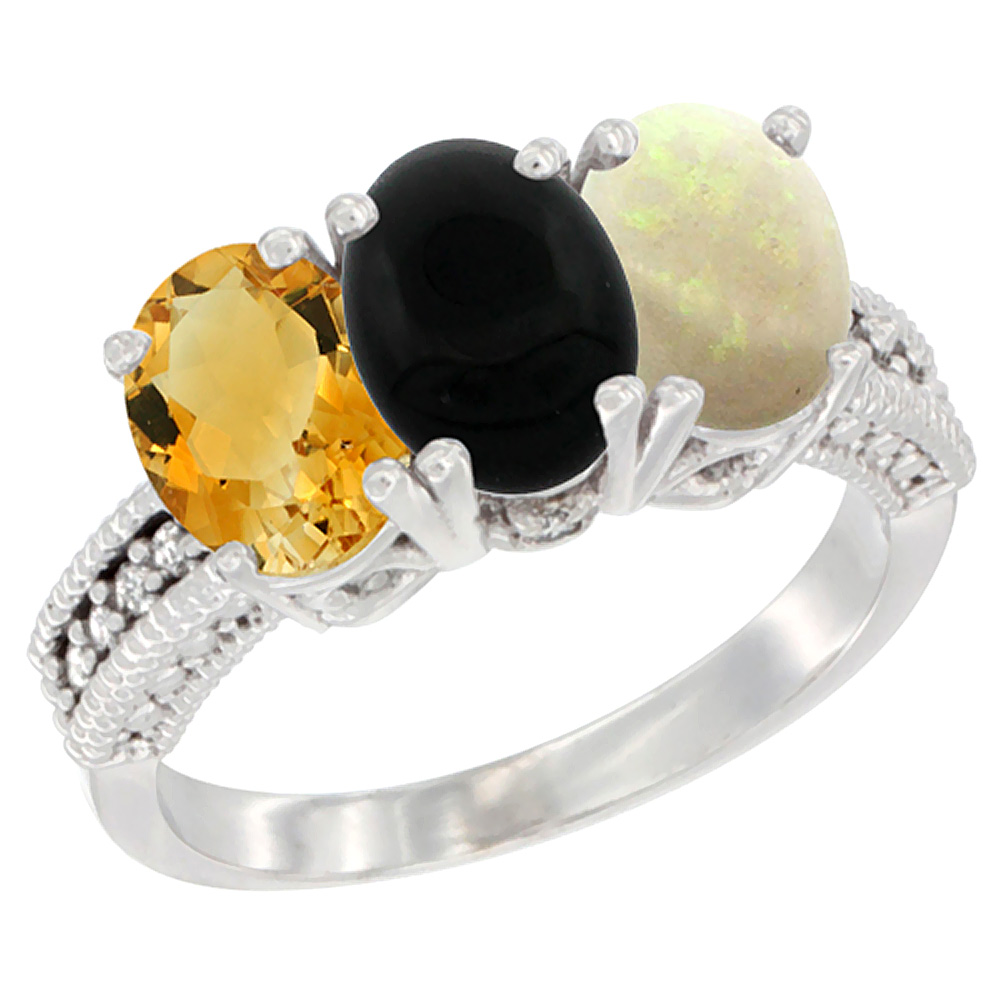 14K White Gold Natural Citrine, Black Onyx & Opal Ring 3-Stone 7x5 mm Oval Diamond Accent, sizes 5 - 10