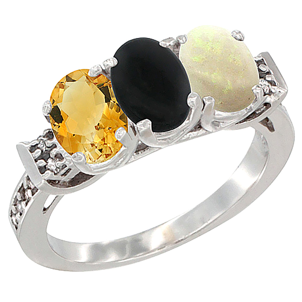 10K White Gold Natural Citrine, Black Onyx & Opal Ring 3-Stone Oval 7x5 mm Diamond Accent, sizes 5 - 10