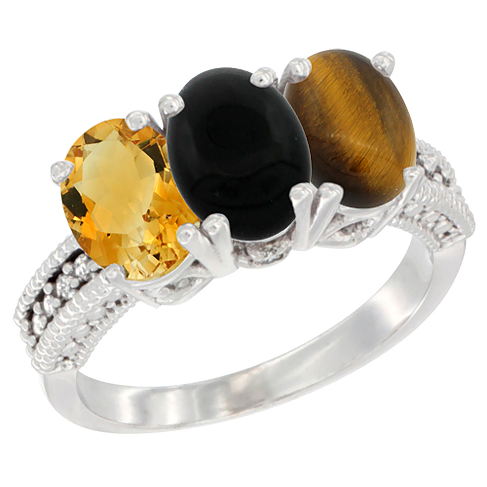 10K White Gold Natural Citrine, Black Onyx & Tiger Eye Ring 3-Stone Oval 7x5 mm Diamond Accent, sizes 5 - 10