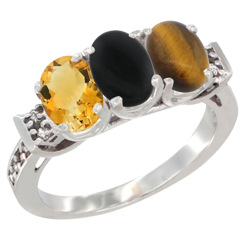 10K White Gold Natural Citrine, Black Onyx &amp; Tiger Eye Ring 3-Stone Oval 7x5 mm Diamond Accent, sizes 5 - 10