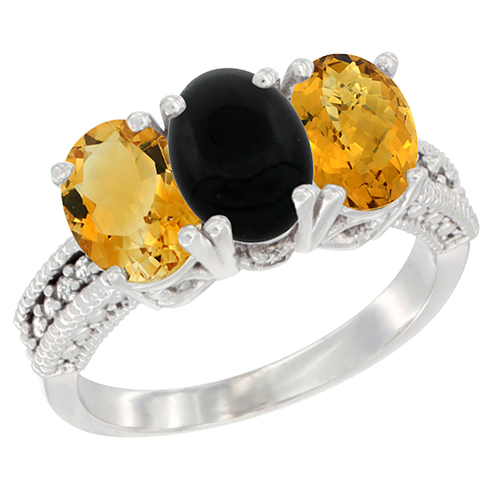 10K White Gold Natural Citrine, Black Onyx & Whisky Quartz Ring 3-Stone Oval 7x5 mm Diamond Accent, sizes 5 - 10