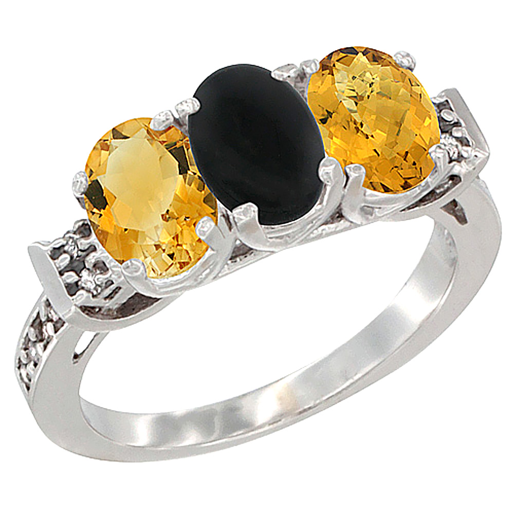 14K White Gold Natural Citrine, Black Onyx &amp; Whisky Quartz Ring 3-Stone 7x5 mm Oval Diamond Accent, sizes 5 - 10