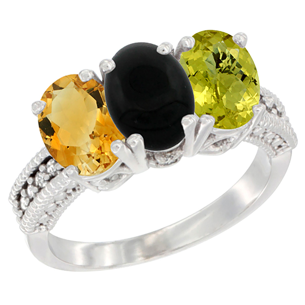 10K White Gold Natural Citrine, Black Onyx &amp; Lemon Quartz Ring 3-Stone Oval 7x5 mm Diamond Accent, sizes 5 - 10