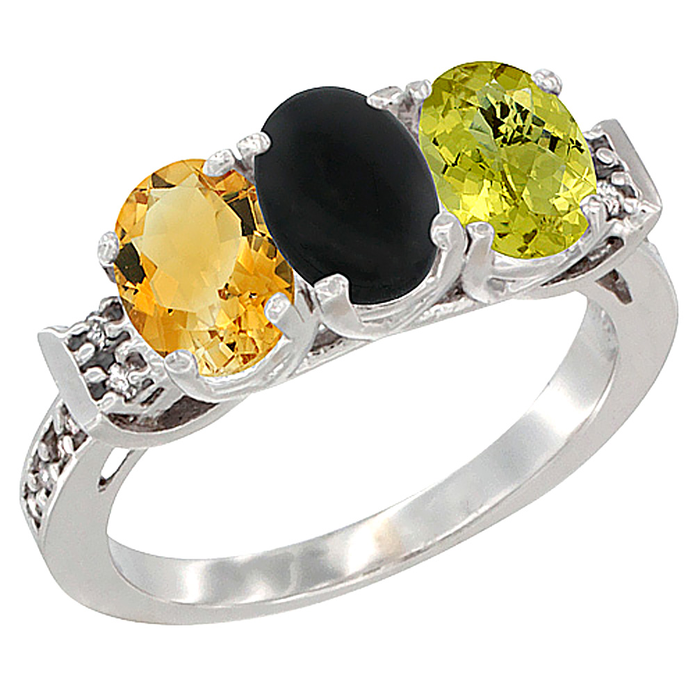 10K White Gold Natural Citrine, Black Onyx & Lemon Quartz Ring 3-Stone Oval 7x5 mm Diamond Accent, sizes 5 - 10