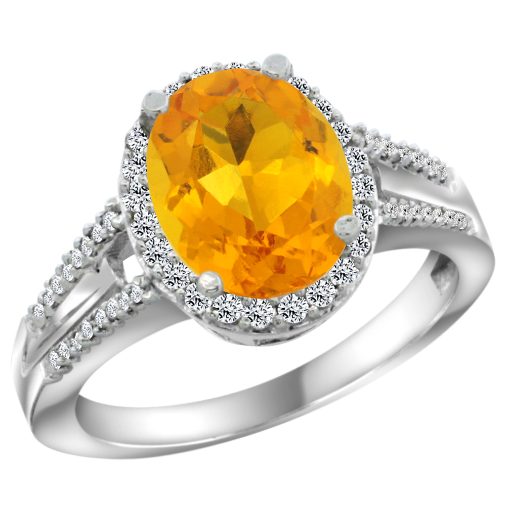 10K White Gold Diamond Natural Citrine Engagement Ring Oval 10x8mm, sizes 5-10