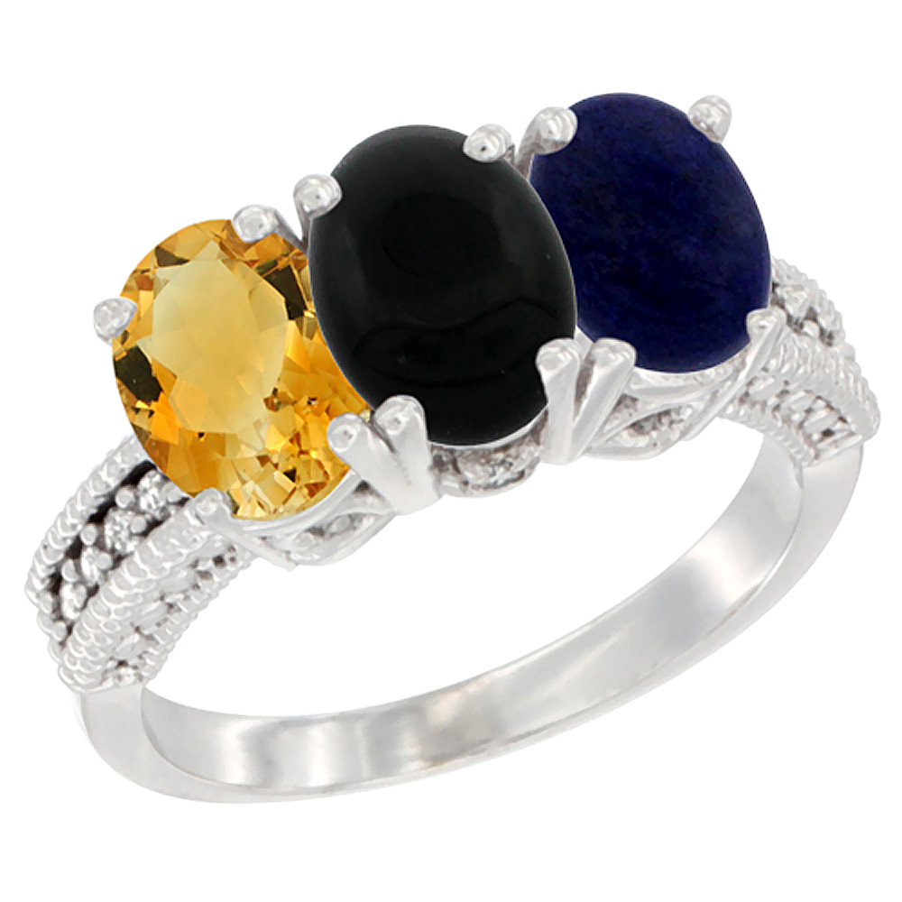 10K White Gold Natural Citrine, Black Onyx &amp; Lapis Ring 3-Stone Oval 7x5 mm Diamond Accent, sizes 5 - 10