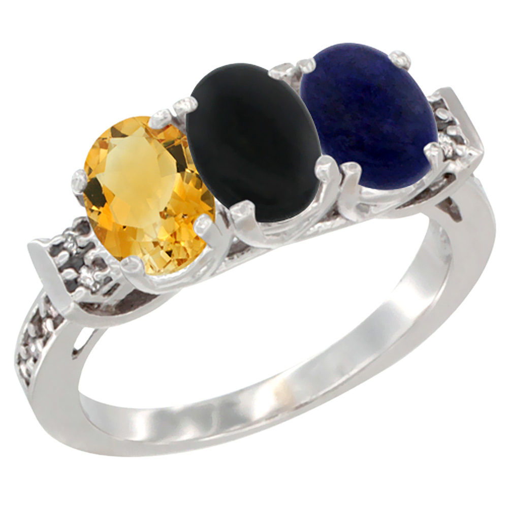 10K White Gold Natural Citrine, Black Onyx & Lapis Ring 3-Stone Oval 7x5 mm Diamond Accent, sizes 5 - 10