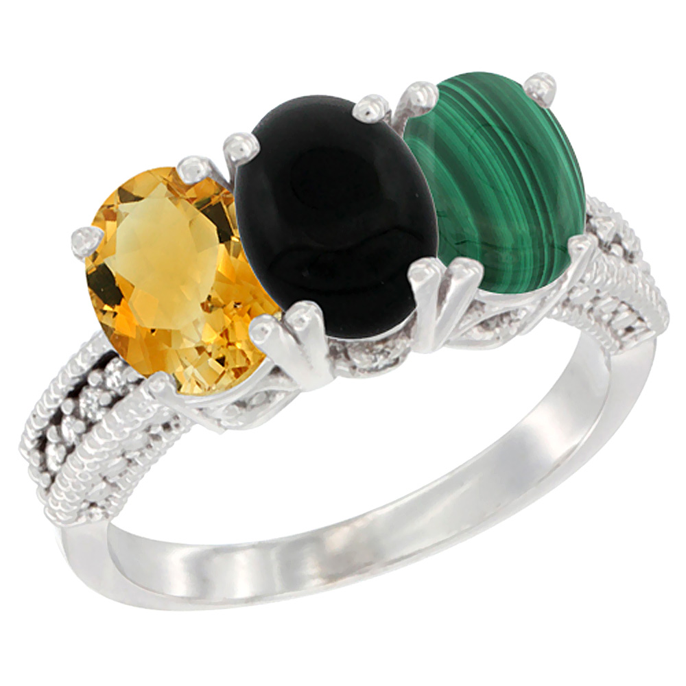 14K White Gold Natural Citrine, Black Onyx &amp; Malachite Ring 3-Stone 7x5 mm Oval Diamond Accent, sizes 5 - 10