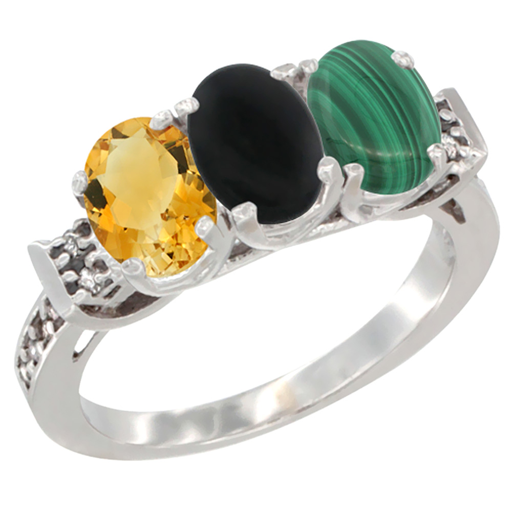 10K White Gold Natural Citrine, Black Onyx & Malachite Ring 3-Stone Oval 7x5 mm Diamond Accent, sizes 5 - 10