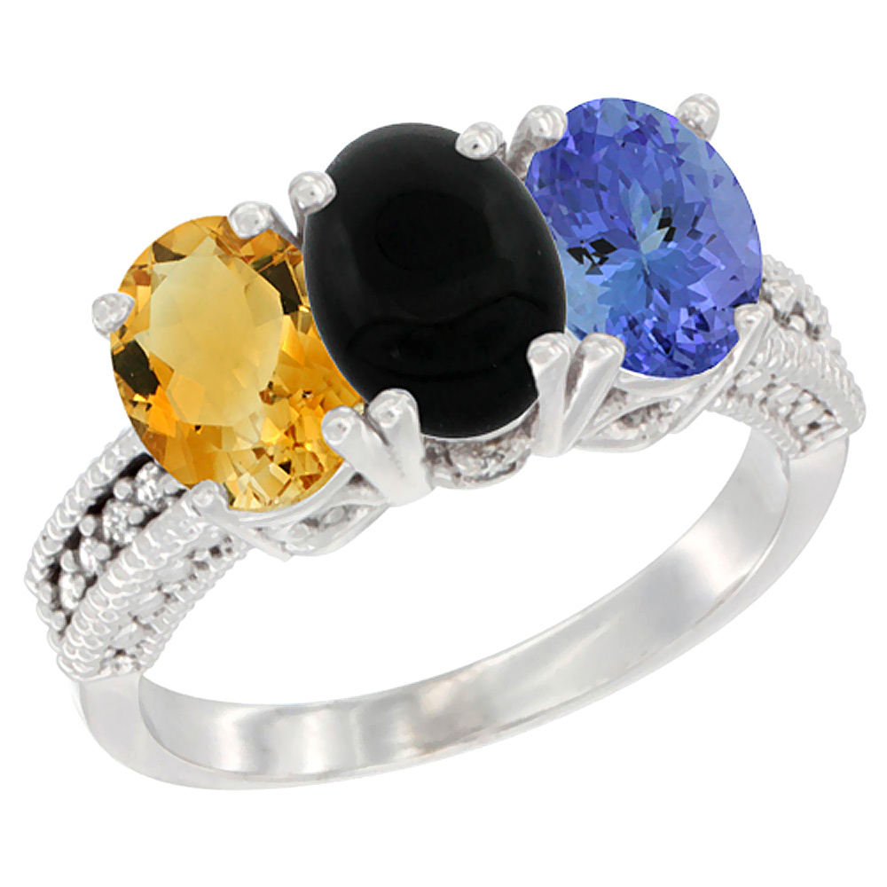 14K White Gold Natural Citrine, Black Onyx & Tanzanite Ring 3-Stone 7x5 mm Oval Diamond Accent, sizes 5 - 10