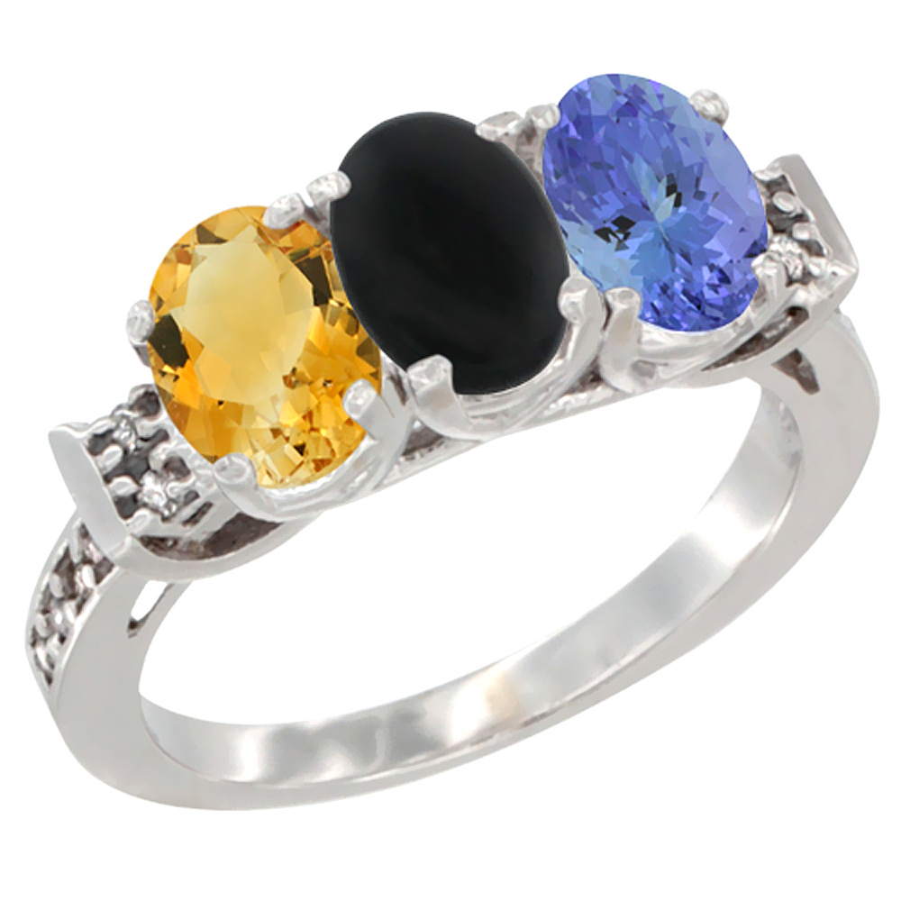 10K White Gold Natural Citrine, Black Onyx & Tanzanite Ring 3-Stone Oval 7x5 mm Diamond Accent, sizes 5 - 10