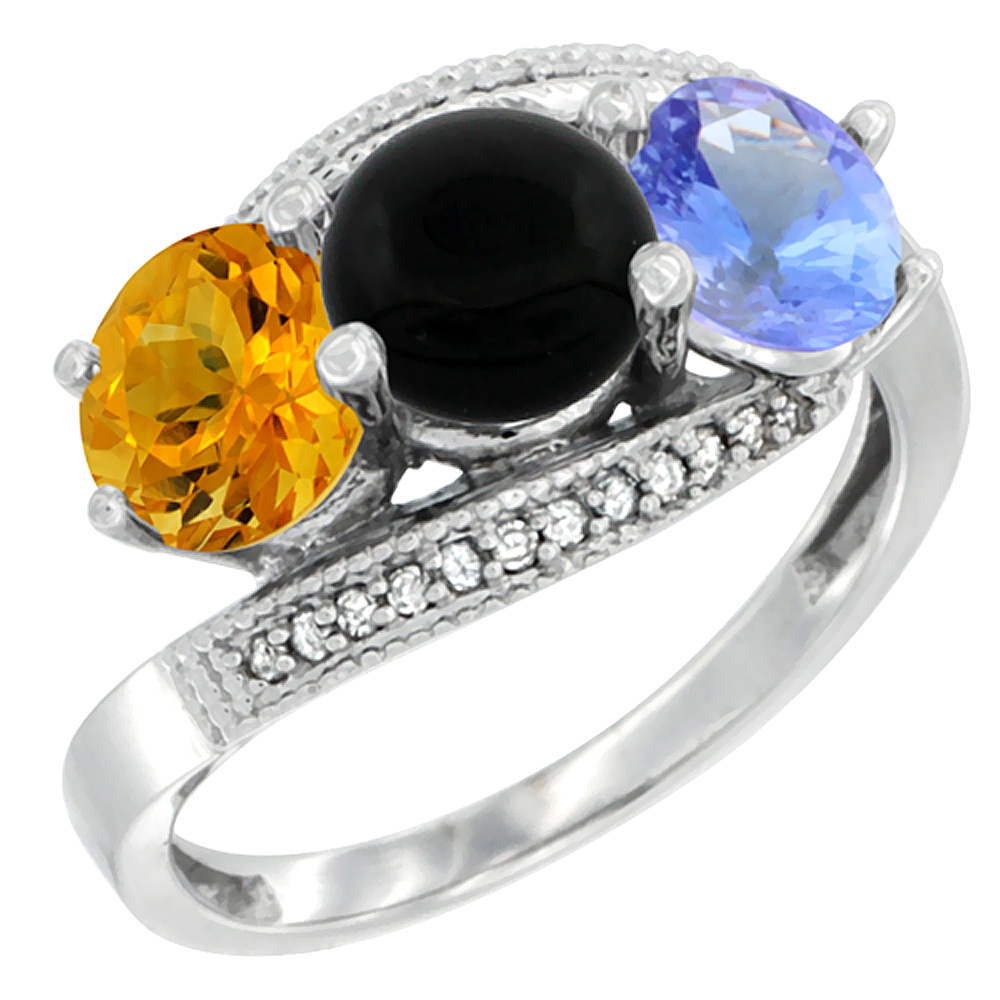 14K White Gold Natural Citrine, Black Onyx &amp; Tanzanite 3 stone Ring Round 6mm Diamond Accent, sizes 5 - 10