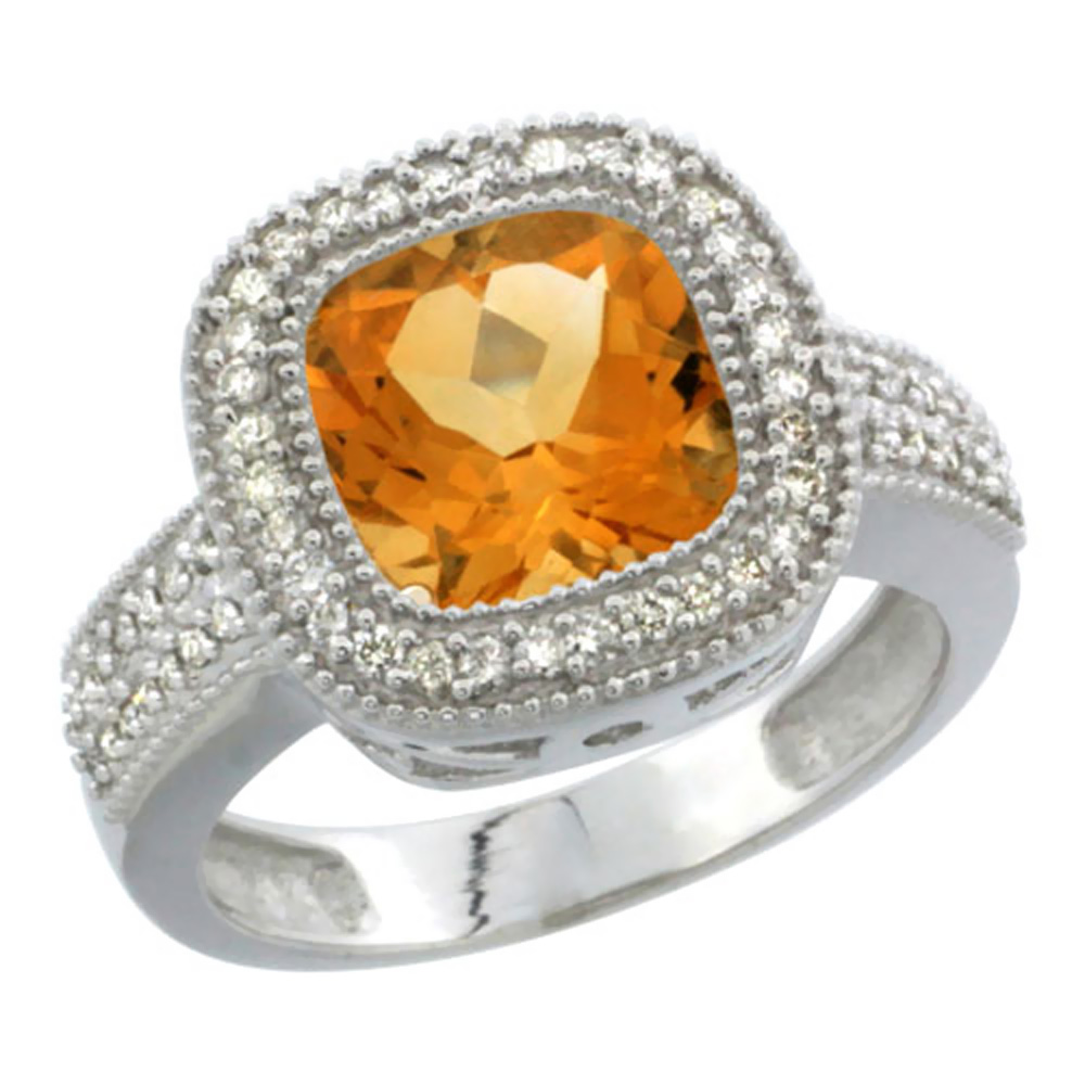 14K White Gold Natural Citrine Ring Cushion-cut 9x9mm Diamond Accent, sizes 5-10