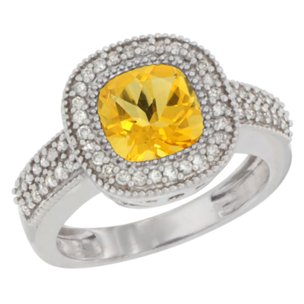 14K White Gold Natural Citrine Ring Cushion-cut 7x7mm Diamond Accent, sizes 5-10