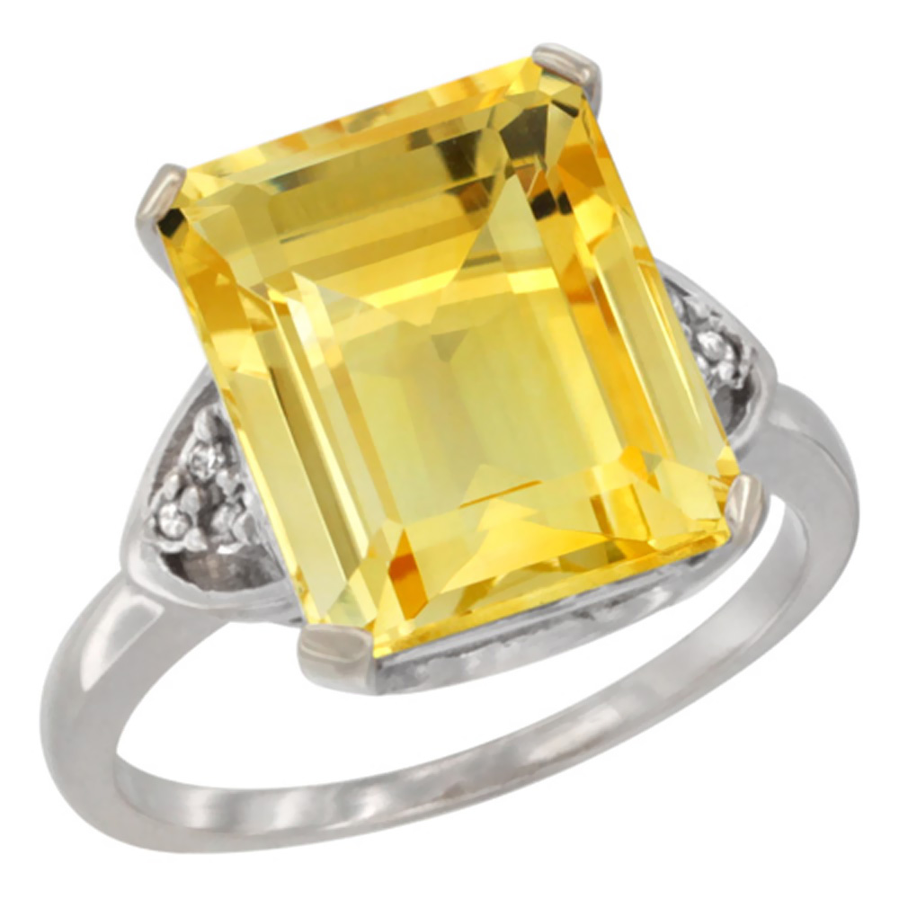 14K White Gold Diamond Natural Citrine Ring Octagon 12x10 mm, sizes 5-10