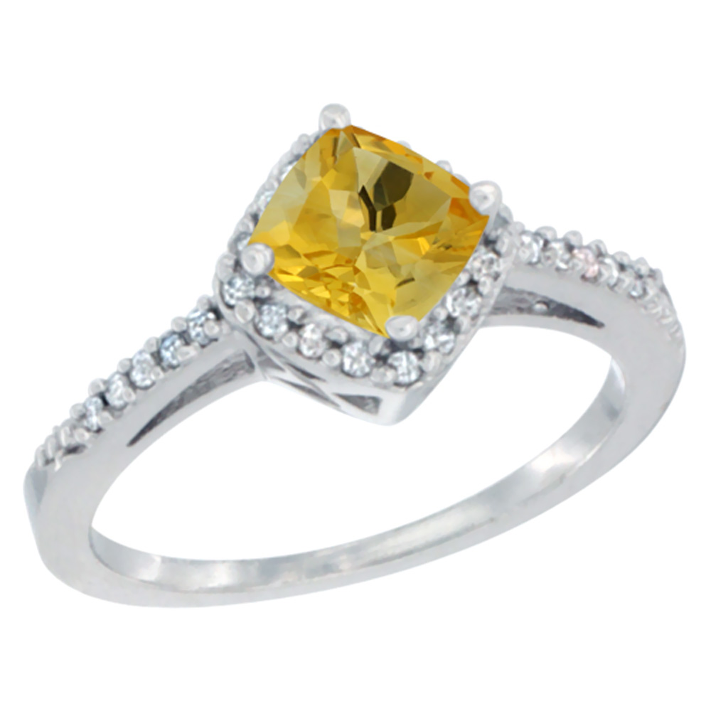 10K White Gold Natural Citrine Ring Cushion-cut 6mm Halo Diamond Accent, sizes 5 - 10