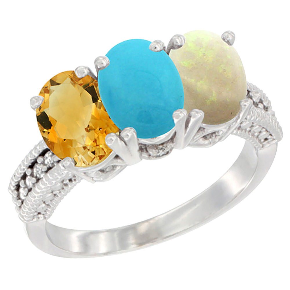 14K White Gold Natural Citrine, Turquoise & Opal Ring 3-Stone 7x5 mm Oval Diamond Accent, sizes 5 - 10