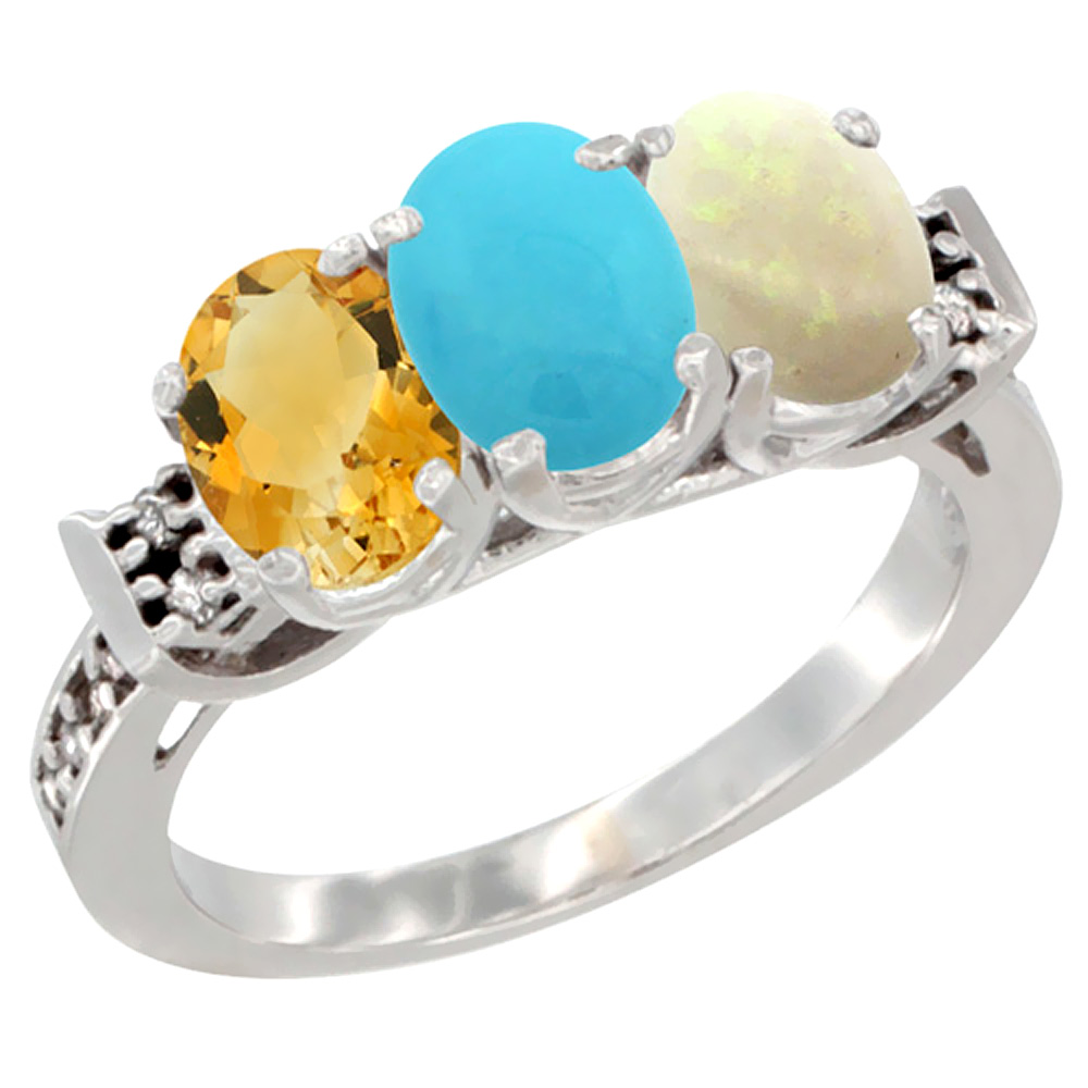 10K White Gold Natural Citrine, Turquoise & Opal Ring 3-Stone Oval 7x5 mm Diamond Accent, sizes 5 - 10