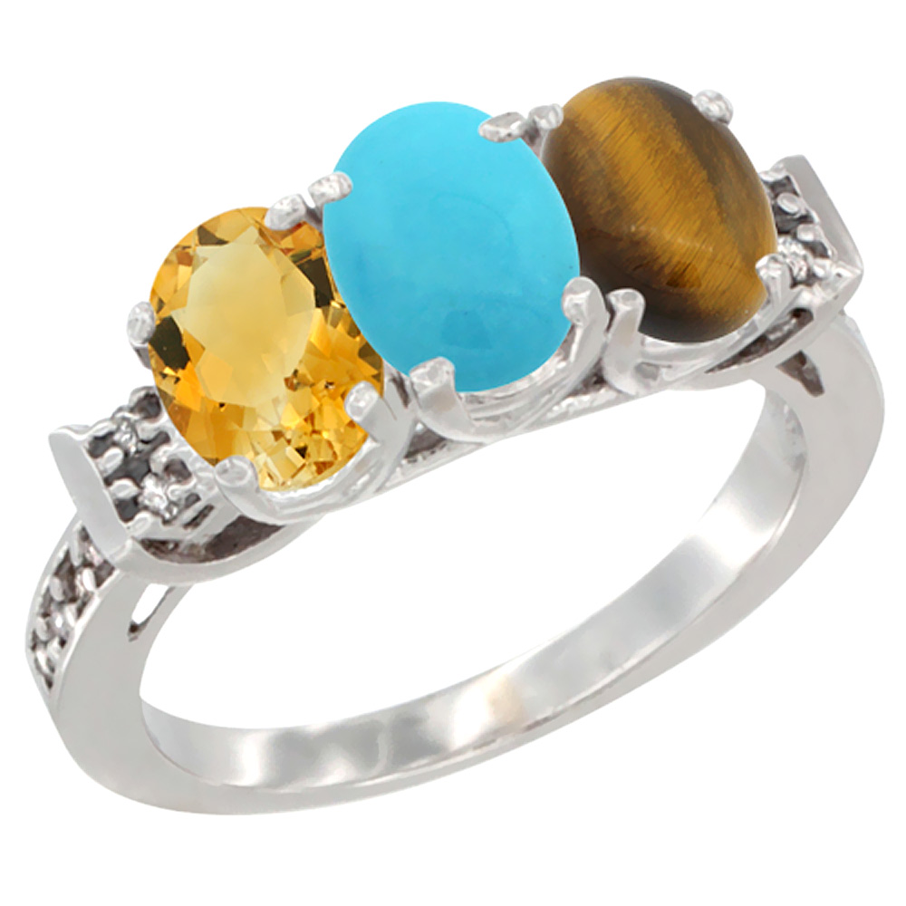 14K White Gold Natural Citrine, Turquoise & Tiger Eye Ring 3-Stone 7x5 mm Oval Diamond Accent, sizes 5 - 10