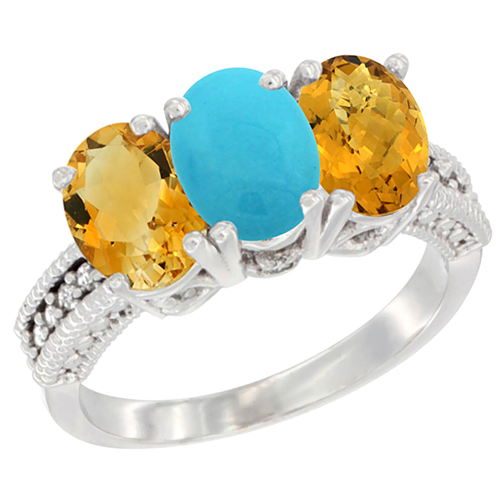 14K White Gold Natural Citrine, Turquoise &amp; Whisky Quartz Ring 3-Stone 7x5 mm Oval Diamond Accent, sizes 5 - 10