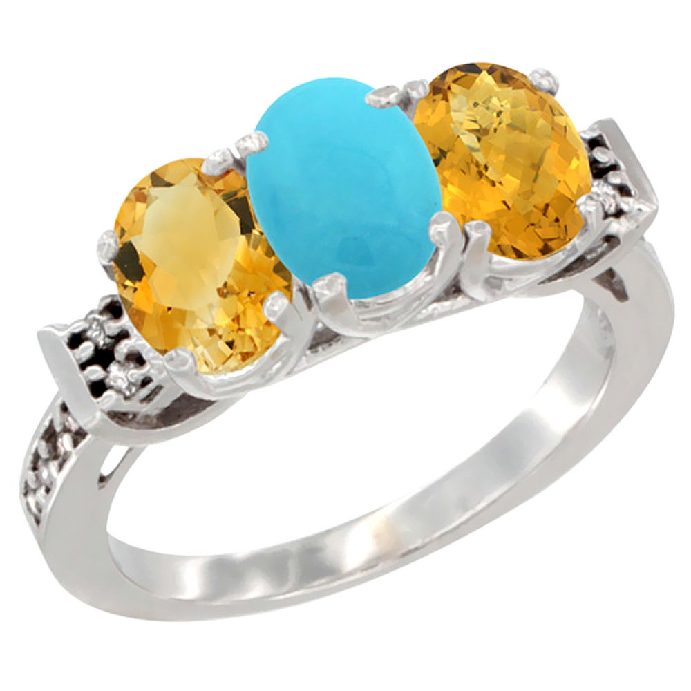 14K White Gold Natural Citrine, Turquoise &amp; Whisky Quartz Ring 3-Stone 7x5 mm Oval Diamond Accent, sizes 5 - 10