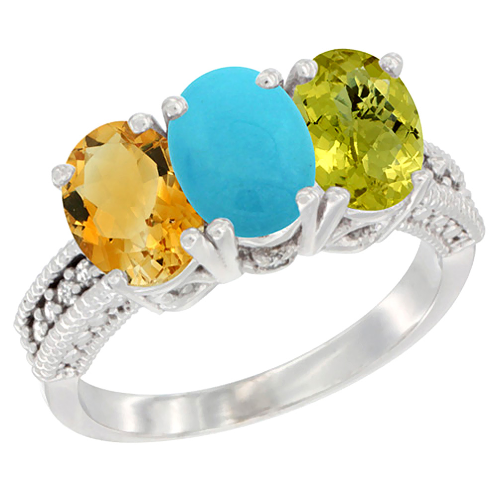 10K White Gold Natural Citrine, Turquoise & Lemon Quartz Ring 3-Stone Oval 7x5 mm Diamond Accent, sizes 5 - 10