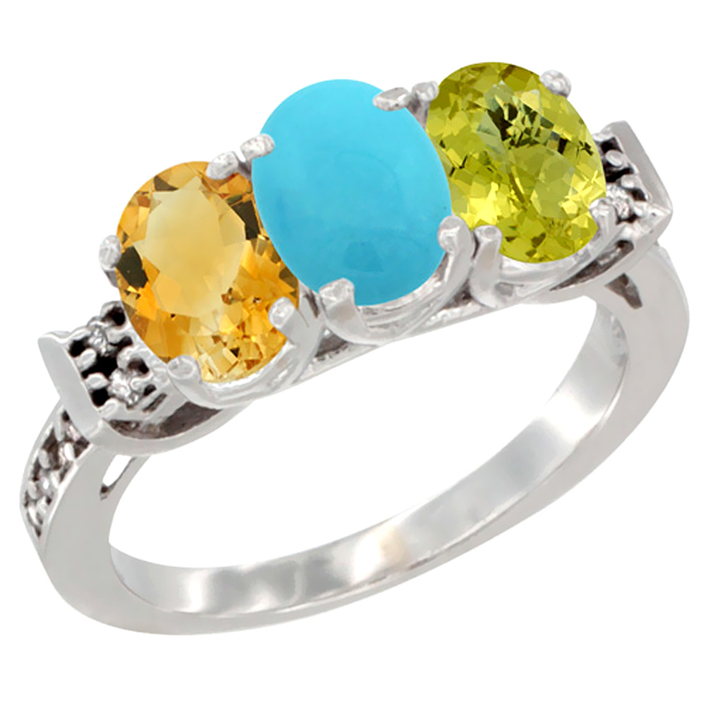 10K White Gold Natural Citrine, Turquoise & Lemon Quartz Ring 3-Stone Oval 7x5 mm Diamond Accent, sizes 5 - 10