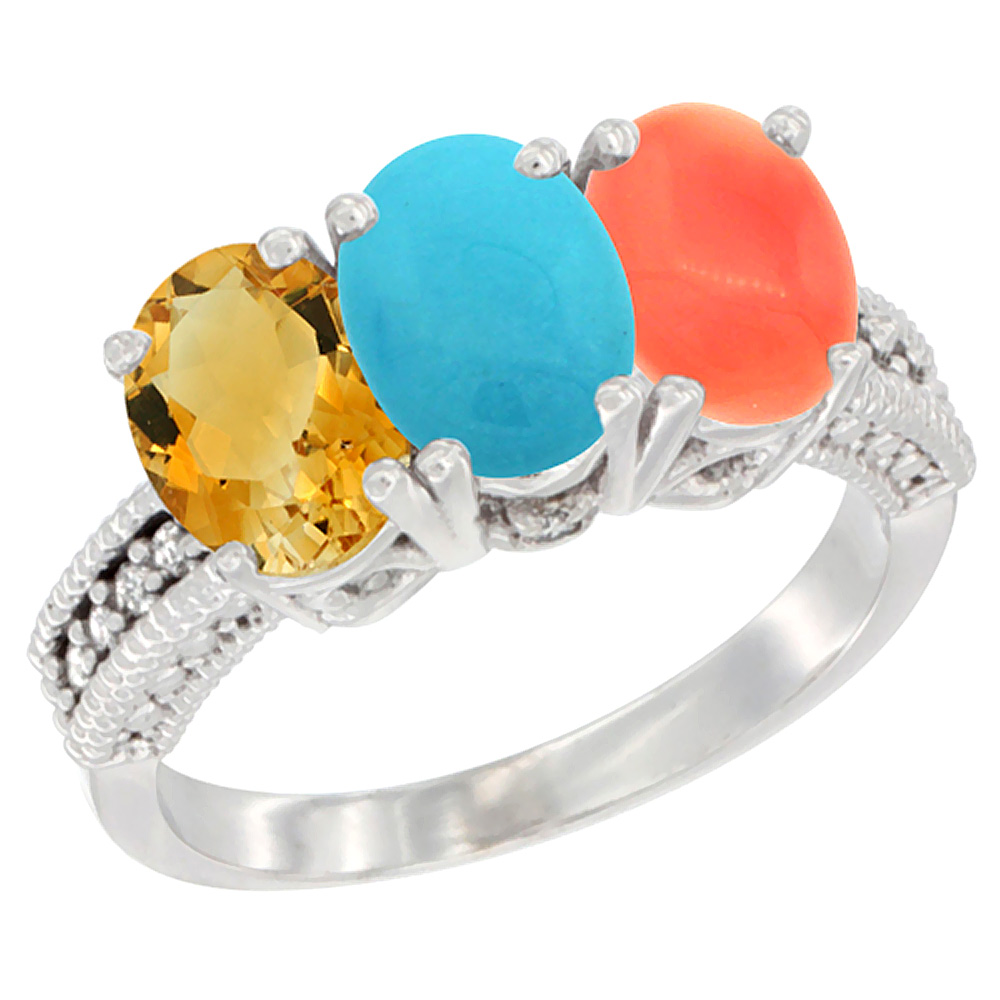 14K White Gold Natural Citrine, Turquoise & Coral Ring 3-Stone 7x5 mm Oval Diamond Accent, sizes 5 - 10