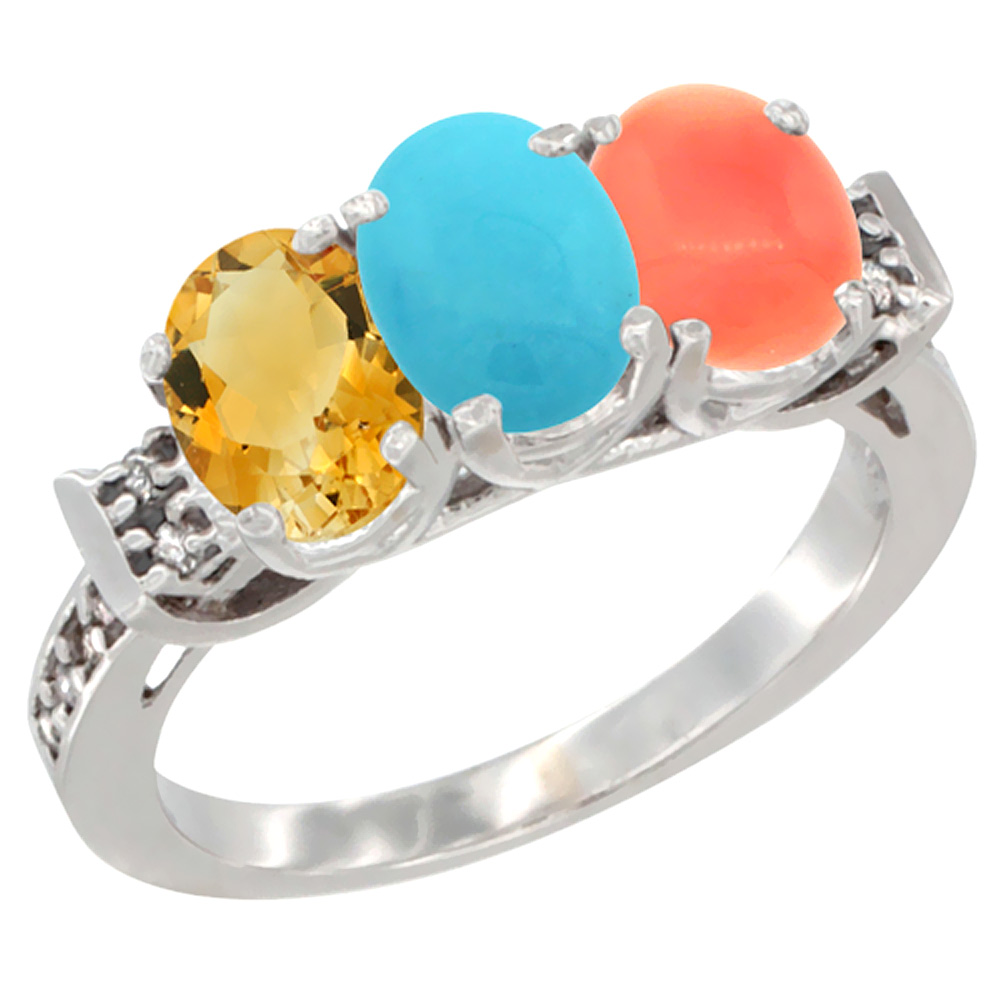 10K White Gold Natural Citrine, Turquoise & Coral Ring 3-Stone Oval 7x5 mm Diamond Accent, sizes 5 - 10