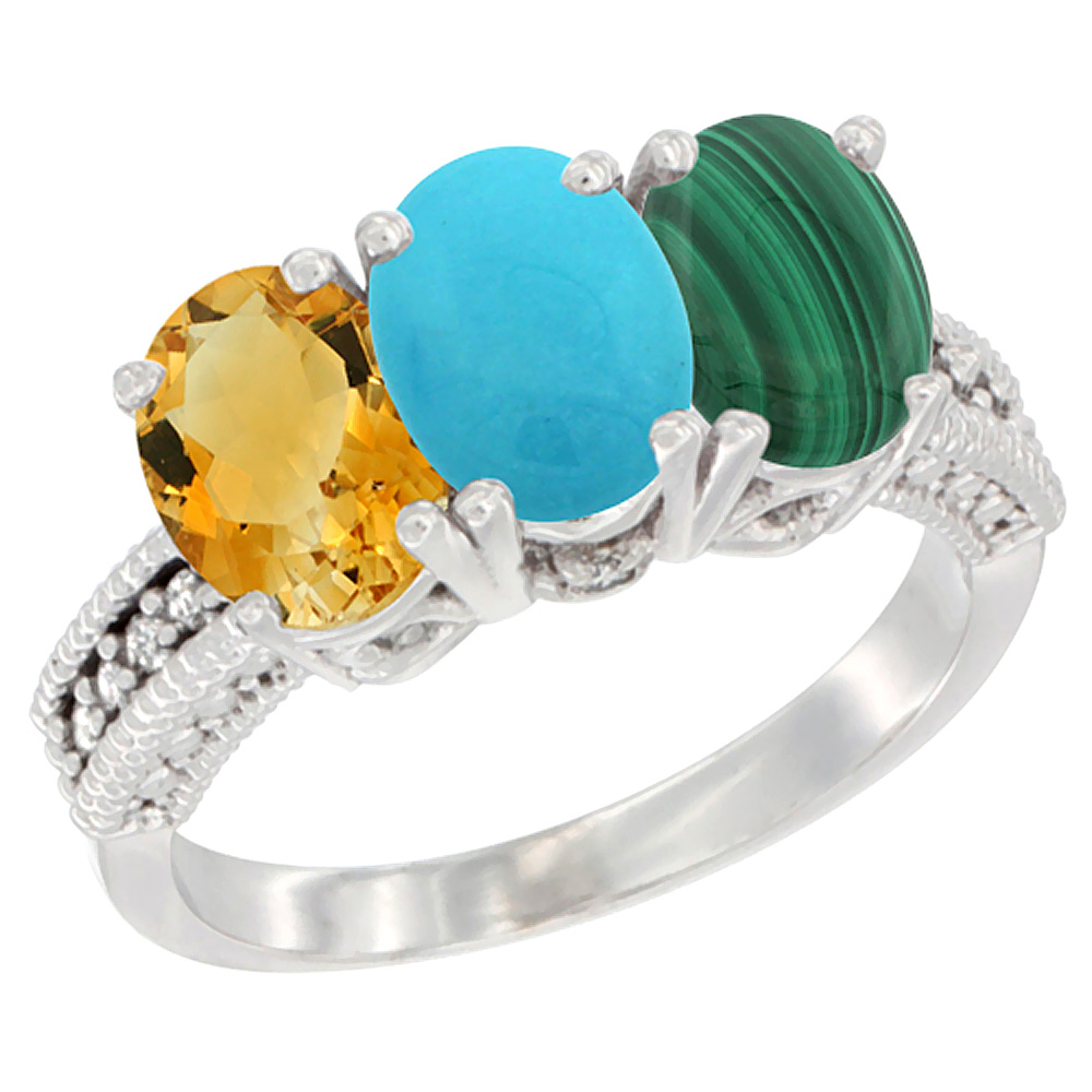 14K White Gold Natural Citrine, Turquoise & Malachite Ring 3-Stone 7x5 mm Oval Diamond Accent, sizes 5 - 10