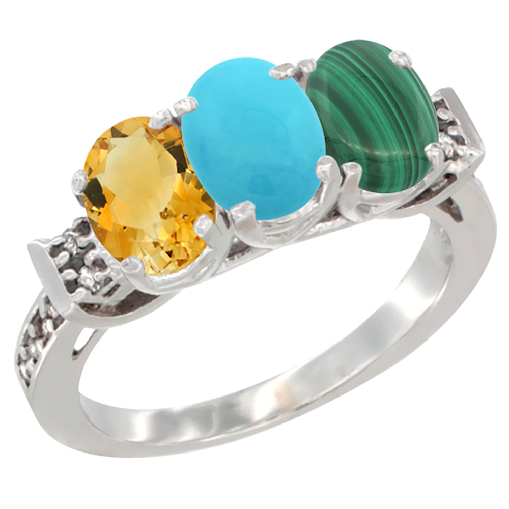 14K White Gold Natural Citrine, Turquoise & Malachite Ring 3-Stone 7x5 mm Oval Diamond Accent, sizes 5 - 10