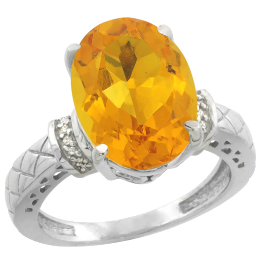 14K White Gold Diamond Natural Citrine Ring Oval 14x10mm, sizes 5-10