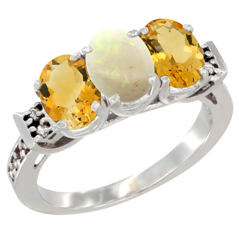 14K White Gold Natural Opal & Citrine Sides Ring 3-Stone 7x5 mm Oval Diamond Accent, sizes 5 - 10