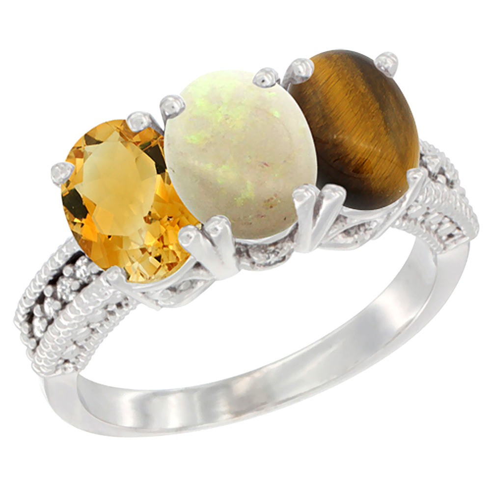 14K White Gold Natural Citrine, Opal &amp; Tiger Eye Ring 3-Stone 7x5 mm Oval Diamond Accent, sizes 5 - 10