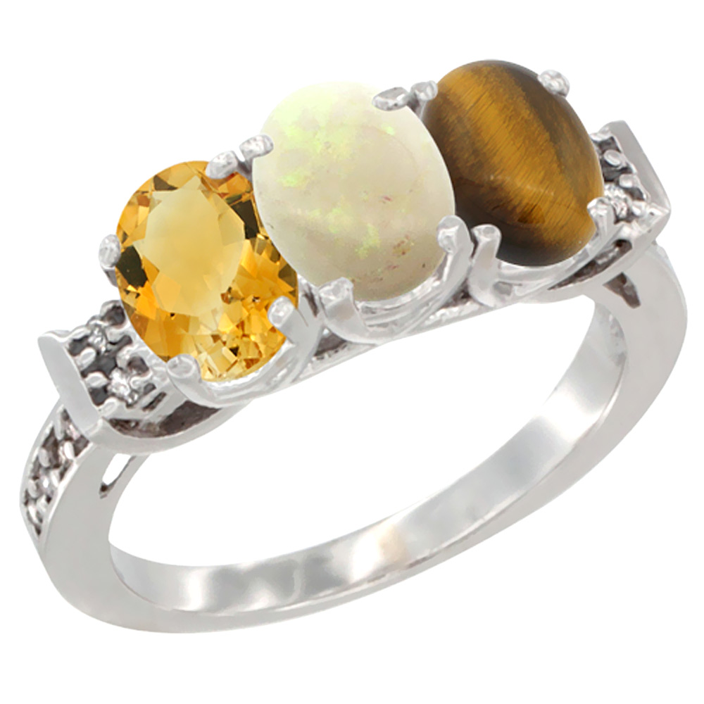 10K White Gold Natural Citrine, Opal &amp; Tiger Eye Ring 3-Stone Oval 7x5 mm Diamond Accent, sizes 5 - 10