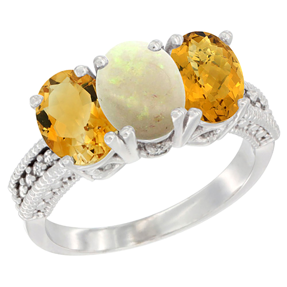 10K White Gold Natural Citrine, Opal &amp; Whisky Quartz Ring 3-Stone Oval 7x5 mm Diamond Accent, sizes 5 - 10