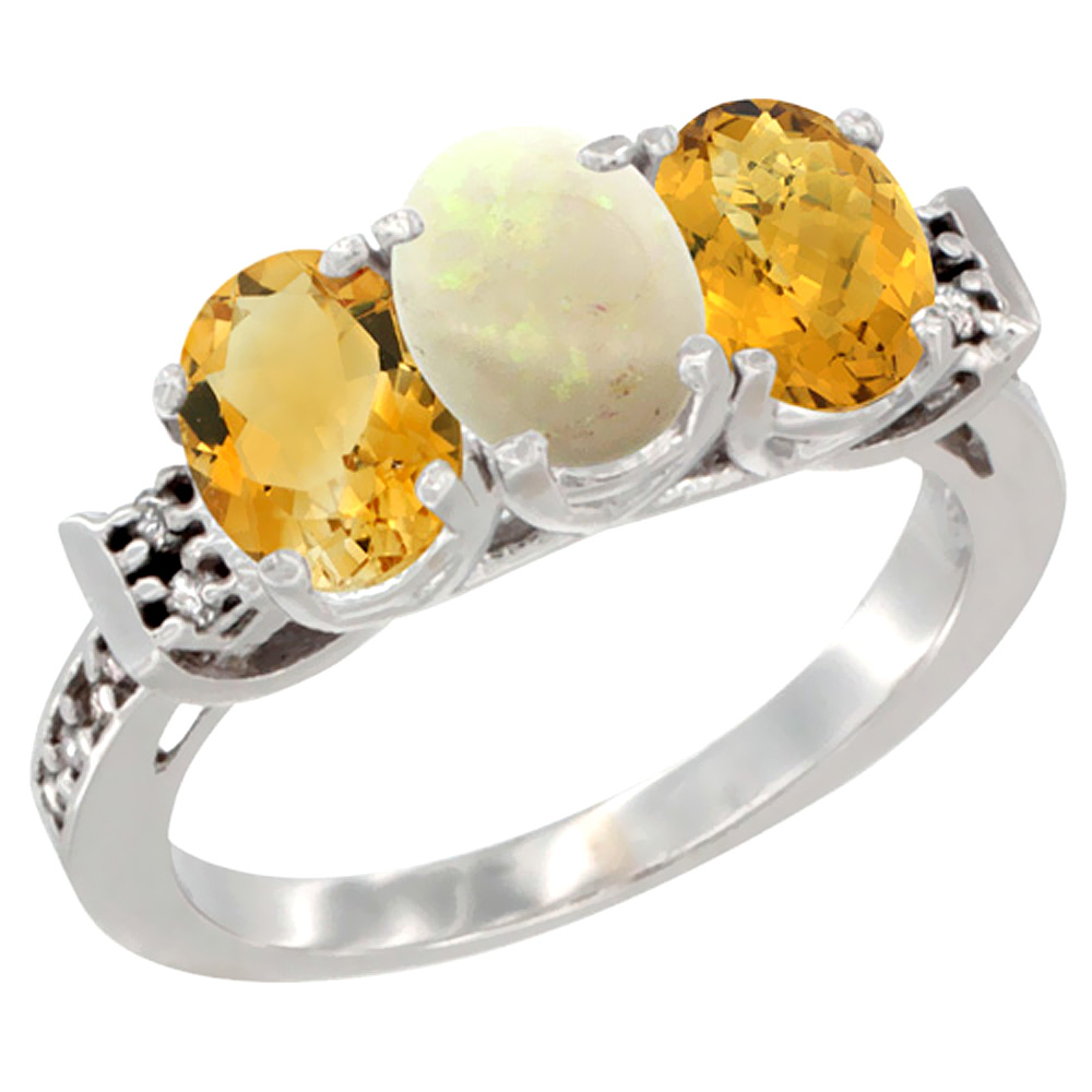 10K White Gold Natural Citrine, Opal & Whisky Quartz Ring 3-Stone Oval 7x5 mm Diamond Accent, sizes 5 - 10